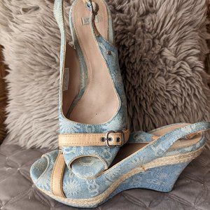 UGG blue high heeled peekaboo toe wedge sandals with rope trim size 8
